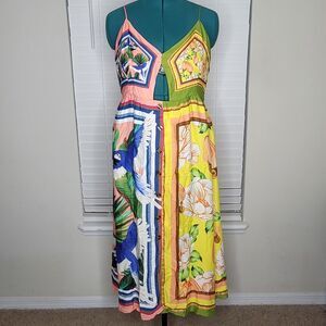 Farm Rio Double Scarfs Midi Dress Silky Keyhole Boho Bohemian Festival XL‎ NWT